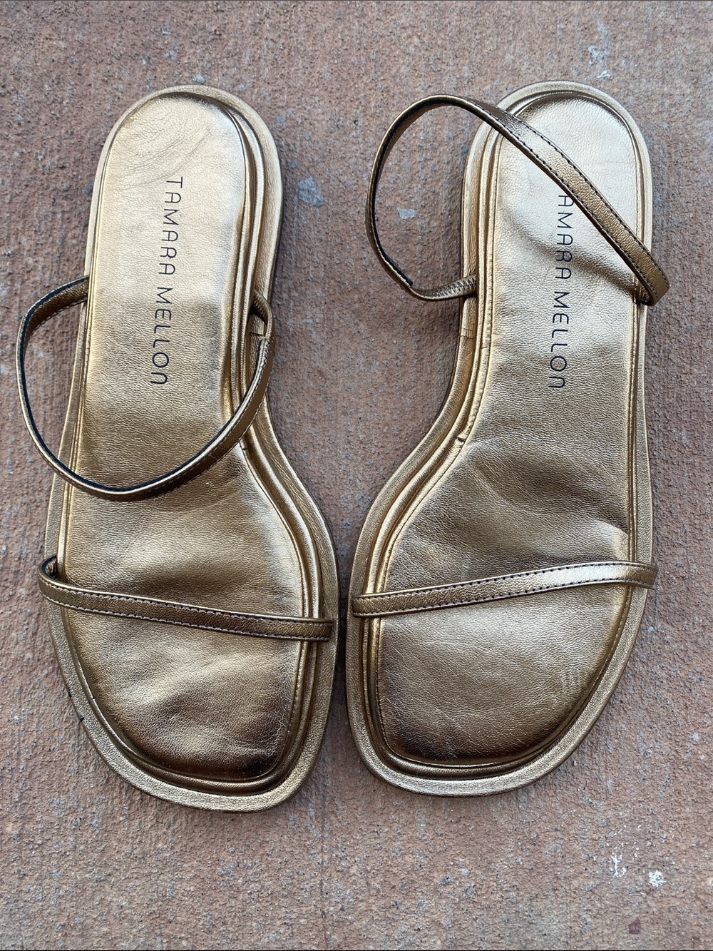 Tamara Mellon Metallic Gold Minimal Strap Sandals